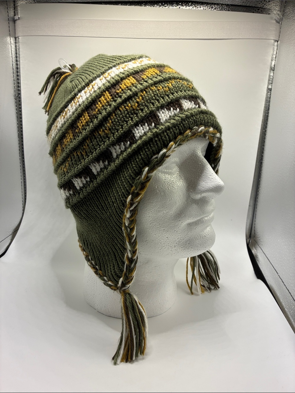 Broner Peruvian Knit Hat in Olive Green & Shades of Fall, Fleece Lined